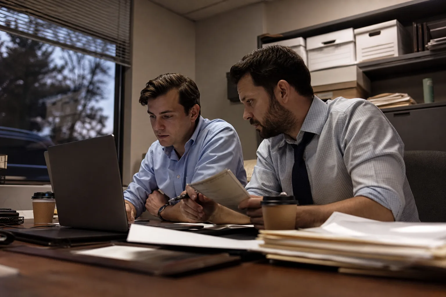 Accounting team reviewing a client queue together on a laptop