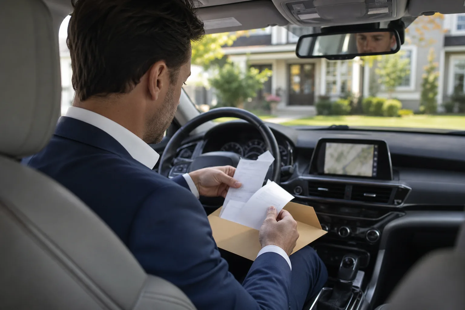 Real estate agent in a parked car photographing a staging receipt before the next showing