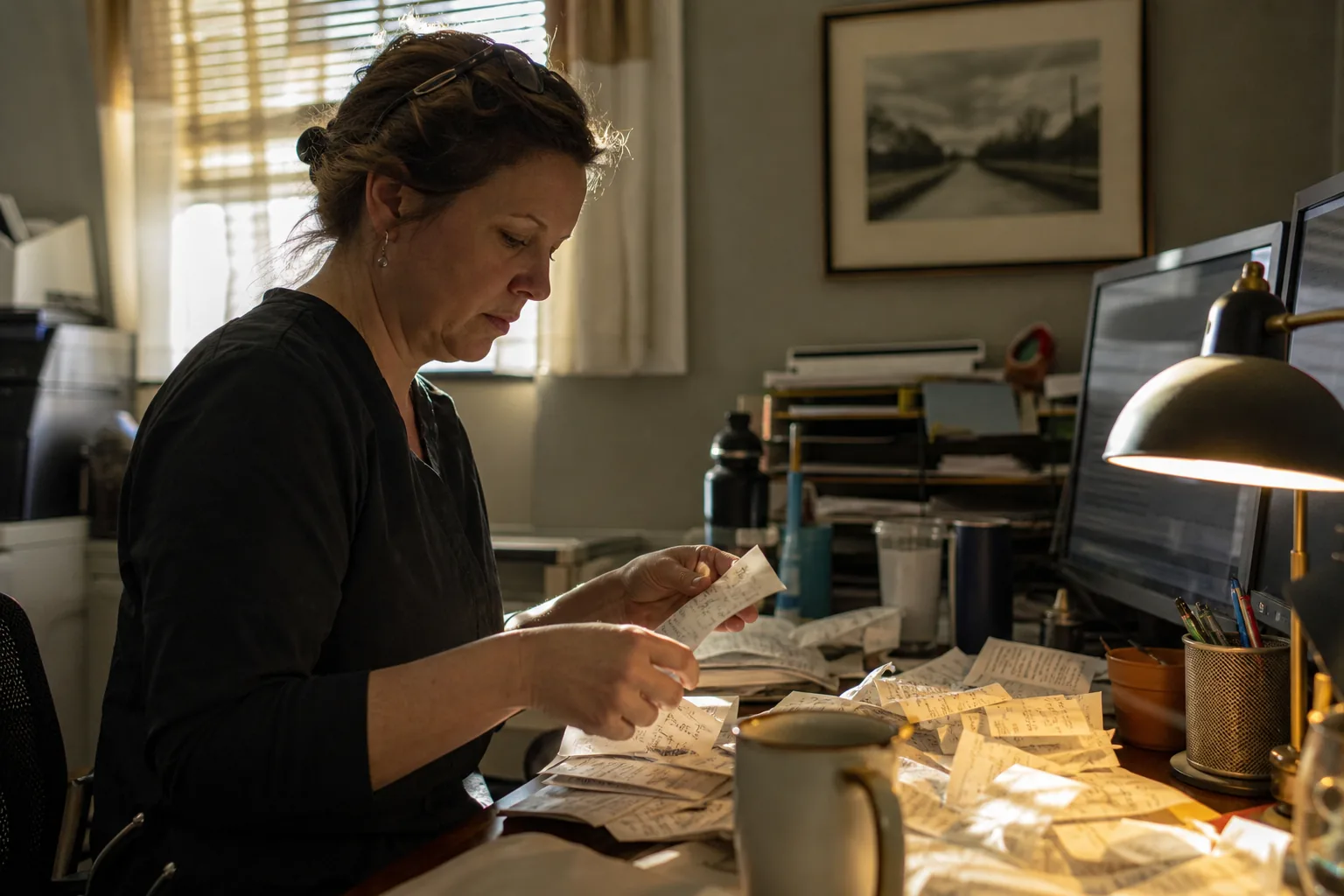 Bookkeeper at a desk with two monitors and a small stack of paper receipts