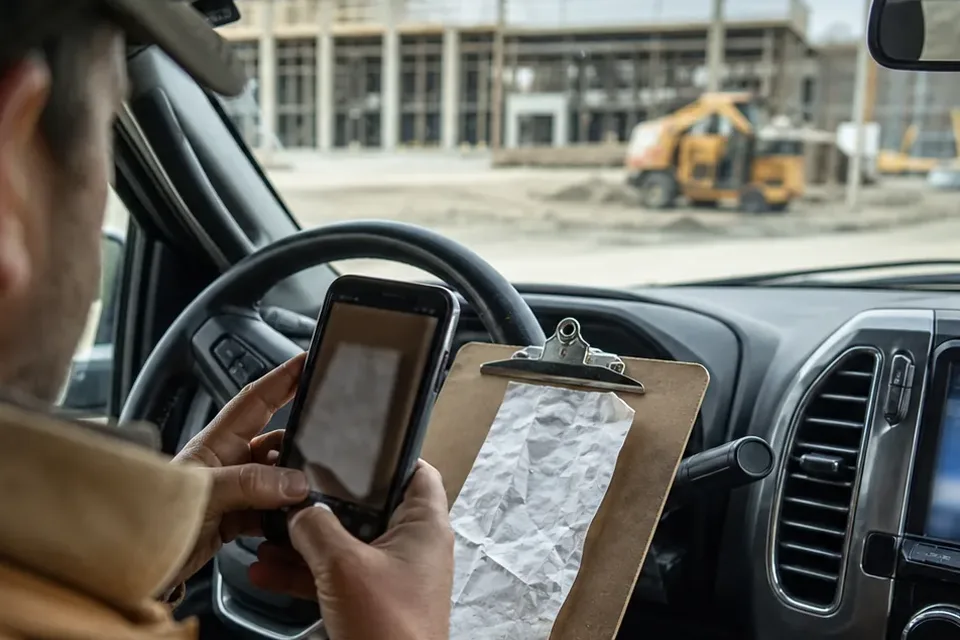 Phone held over a crumpled receipt on a clipboard, captured the moment it is handed over