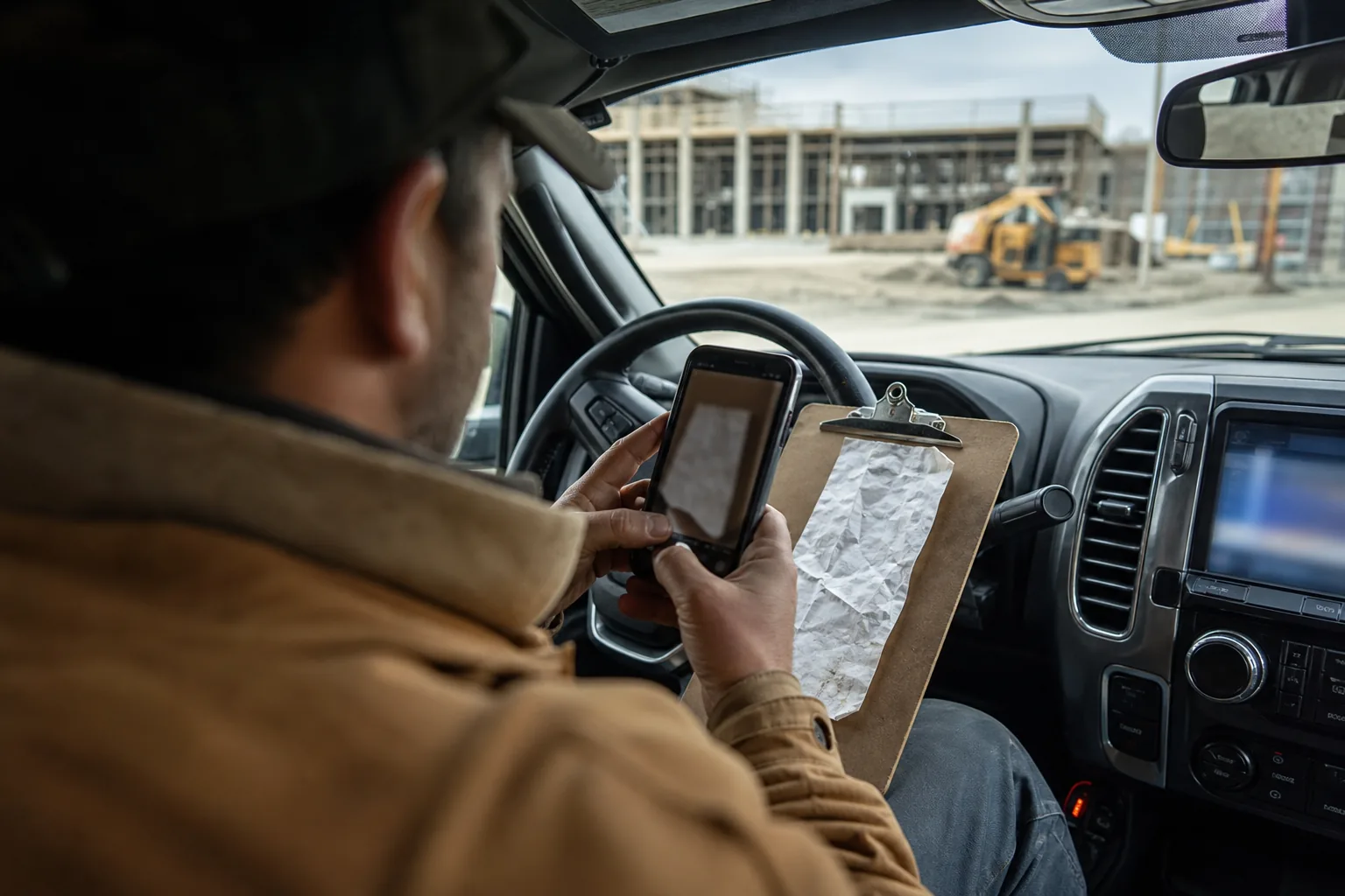 Contractor photographing a fuel receipt in the truck cab, the moment a receipt enters the books