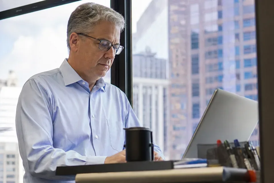 Practice owner at a standing desk checking a software subscription cost on his laptop