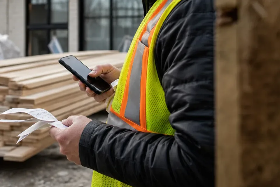 Crew lead holding a lumber yard receipt next to the delivered load before it gets lost