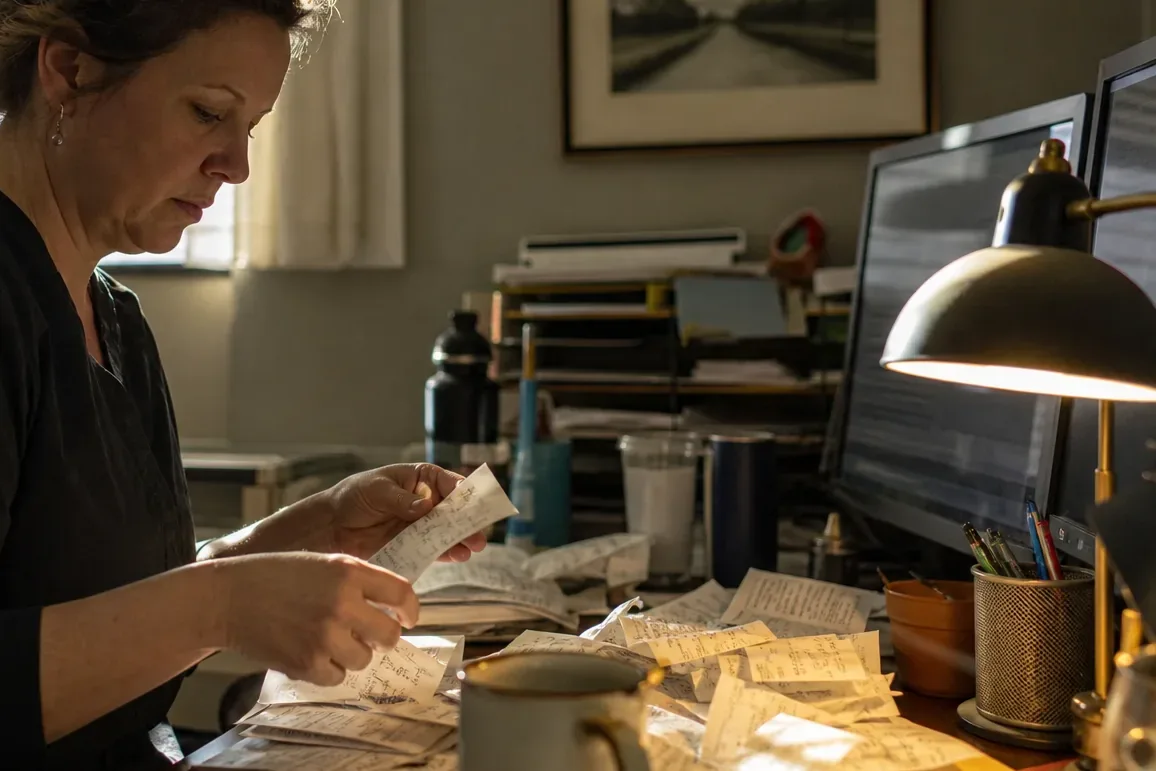 Bookkeeper sorting a pile of paper receipts and supplier invoices at her desk