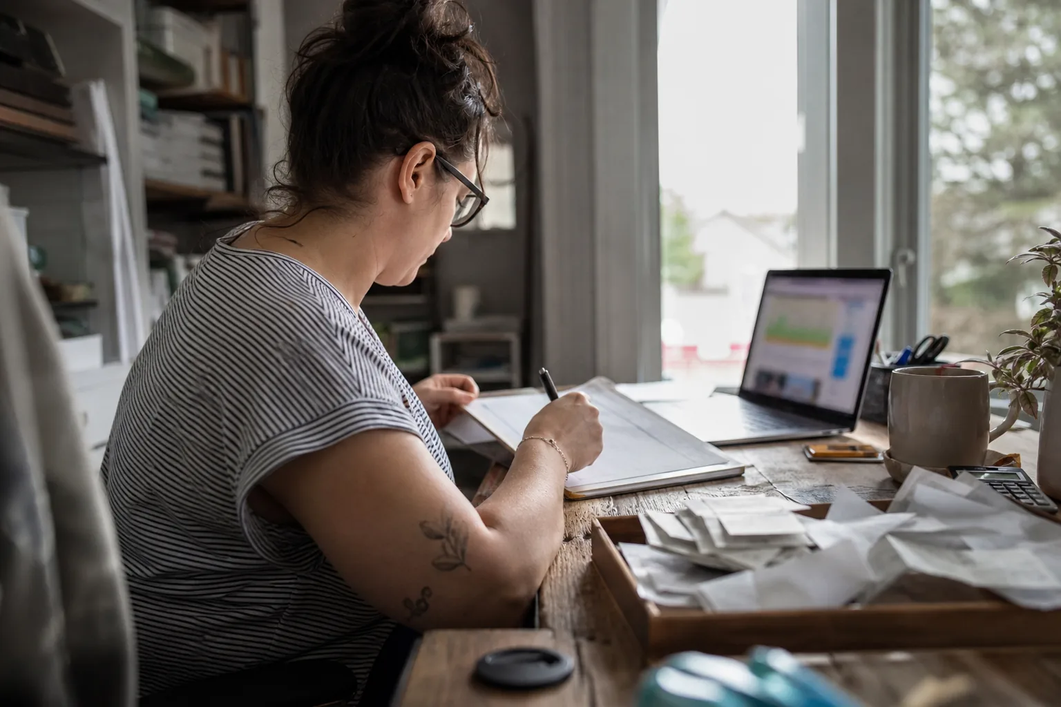 Bookkeeper reviewing a month end checklist with a short list of open card charges