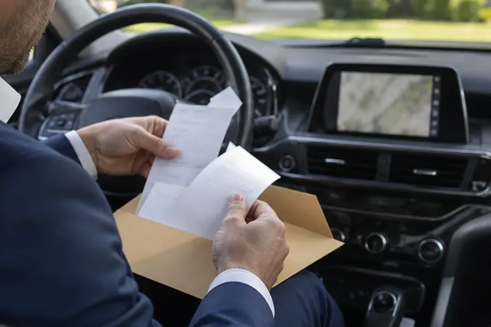 Receipts pulled from an envelope of saved paper receipts before they are filed