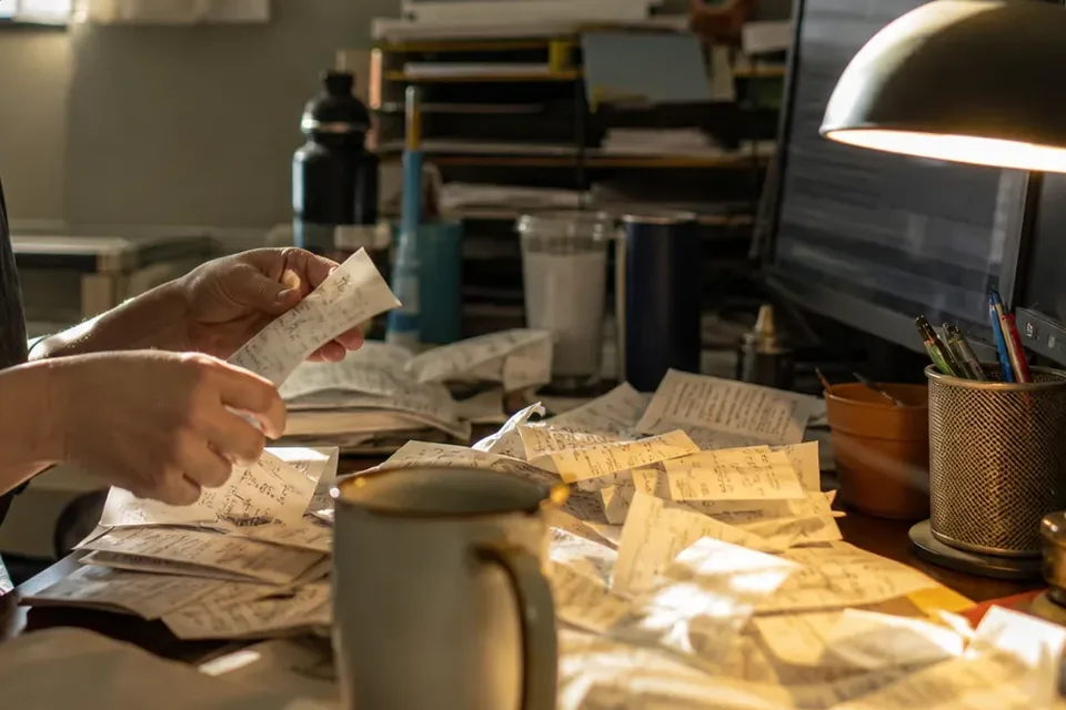 Loose pile of client receipts on a bookkeeper desk waiting to be read in one batch