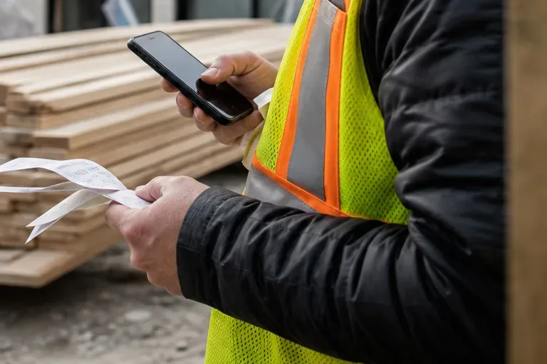 Crew member photographing a paper receipt with his phone at a lumber yard instead of mailing it in